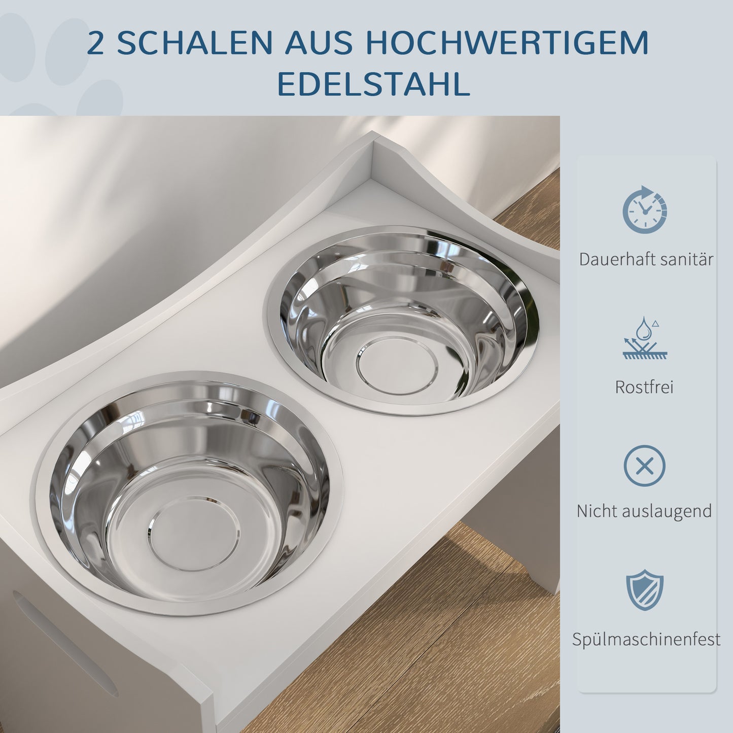 PawHut Futterstation für Hunde, 2 Edelstahlnäpfe, höhenverstellbar, 54x31,5x47cm, Weiß