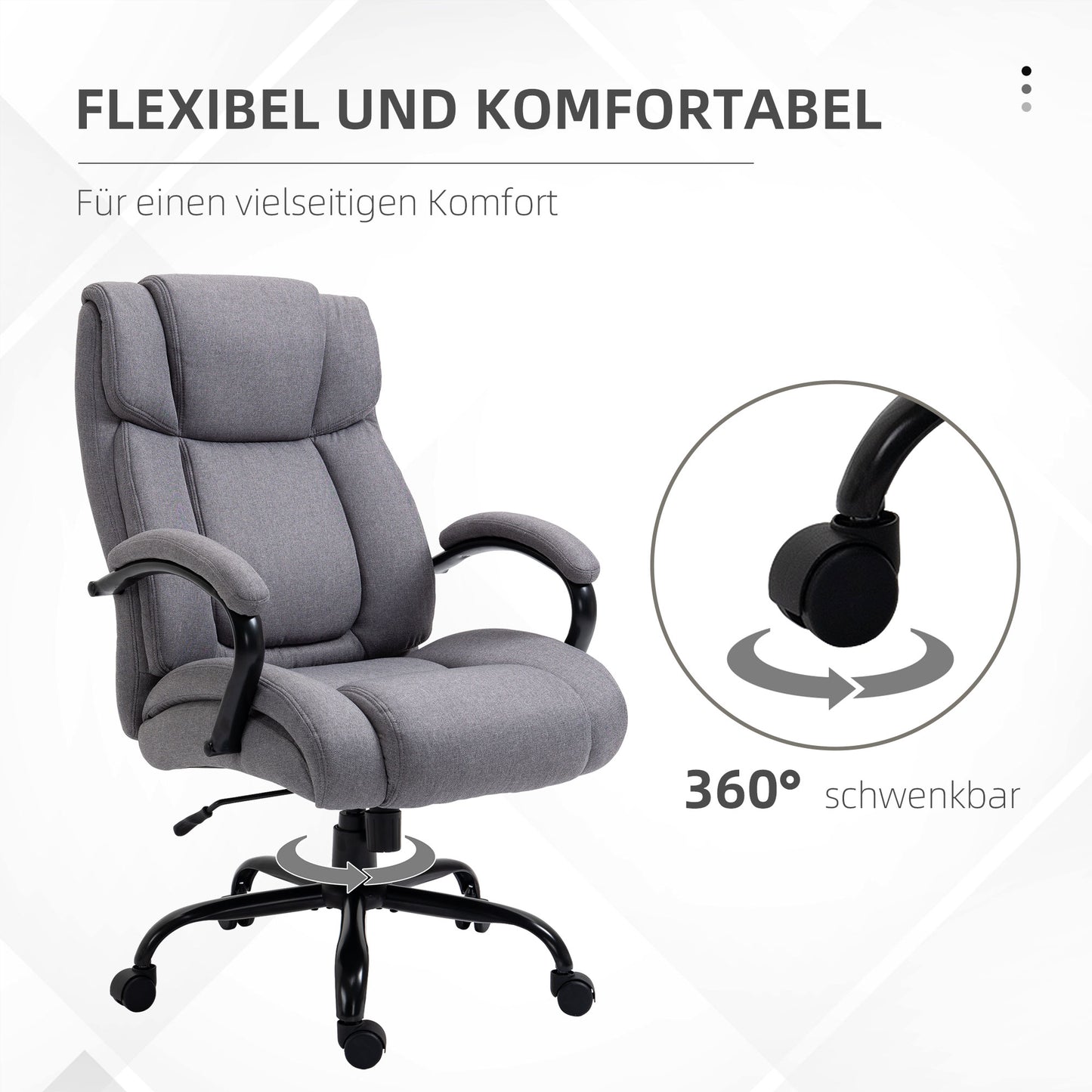 Vinsetto Bürostuhl, Ergonomischer Chefsessel bis 220 kg belastbar, Gepolsterter Schreibtischstuhl mit Armlehne, breit Sitz, Höhenverstellbarer Drehstuhl mit Wippfunktion, Leinenoptik, Hellgrau