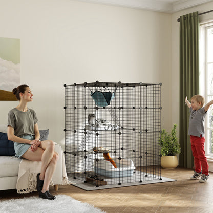 PawHut Katzenkäfig für Drinnen 4-stöckig DIY-Katzengehege mit dichtem Metalldraht Hängematte Rampe Türen Sprungplattformen