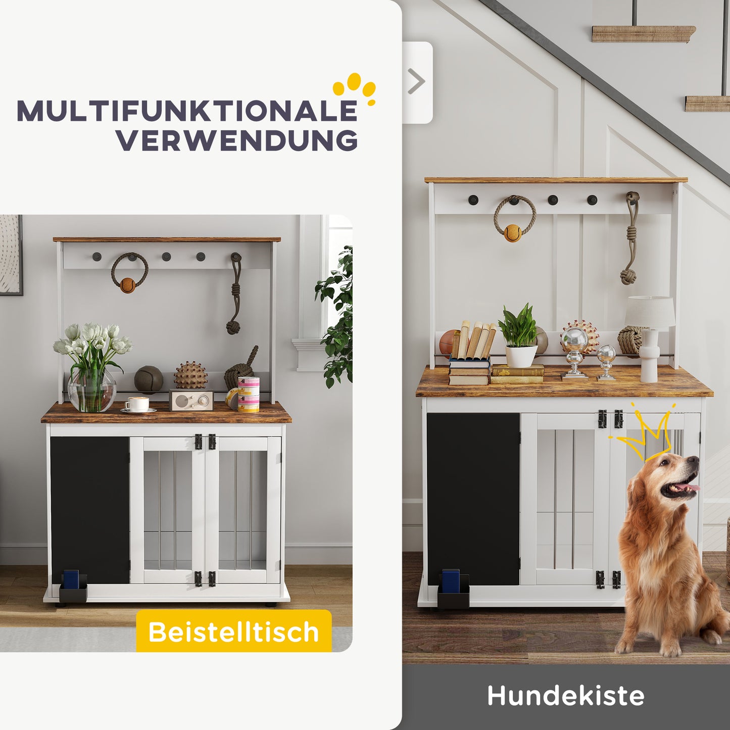 PawHut Hundebox mit Aufbewahrungsregal für Spielzeug, Haken für Leinen, Schreibtafel, Radiergummi, für große Hunde, Weiß