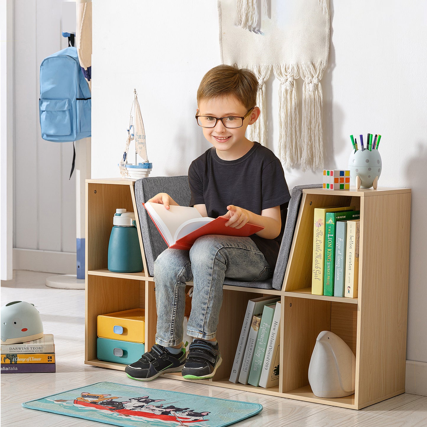 HOMCOM 2-in-1 Kinderregal Regal + Sitzbank inkl. Polster 103 cm × 30 cm × 62 cm Weiß + Grau