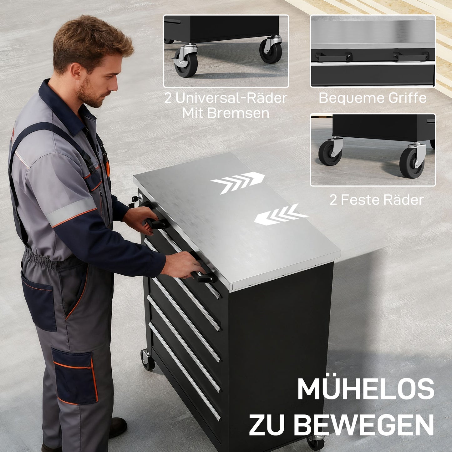 HOMCOM Werkzeugschrank mit 5 Schubladen, rollbare Werkzeugkiste, Werkzeugwagen aus Stahl, Silberton+Schwarz