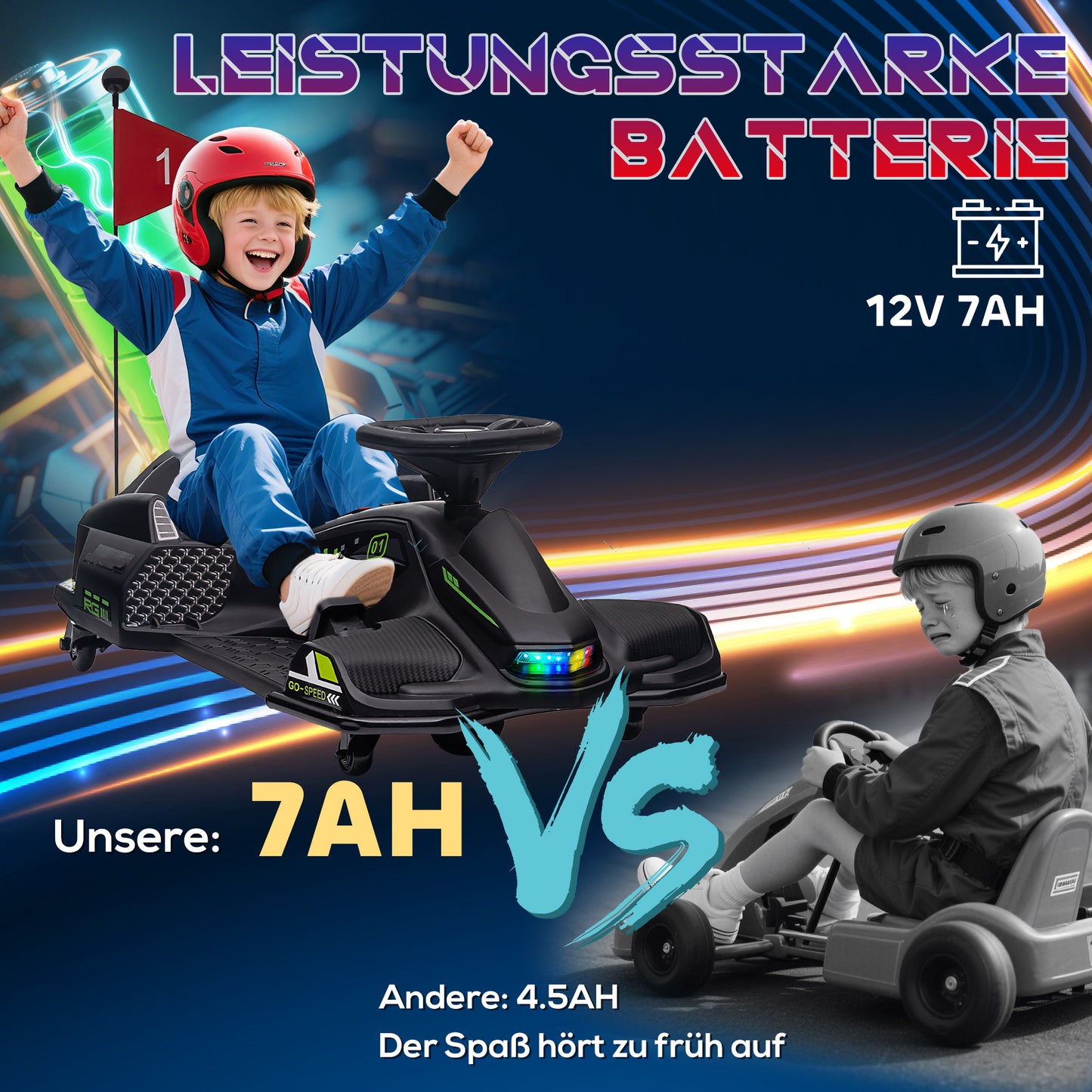 HOMCOM Elektrisches Go-Kart für Kinder, Gummiräder, 3-8 km/h, mit Lichtern und Musikfunktion, Schwarz