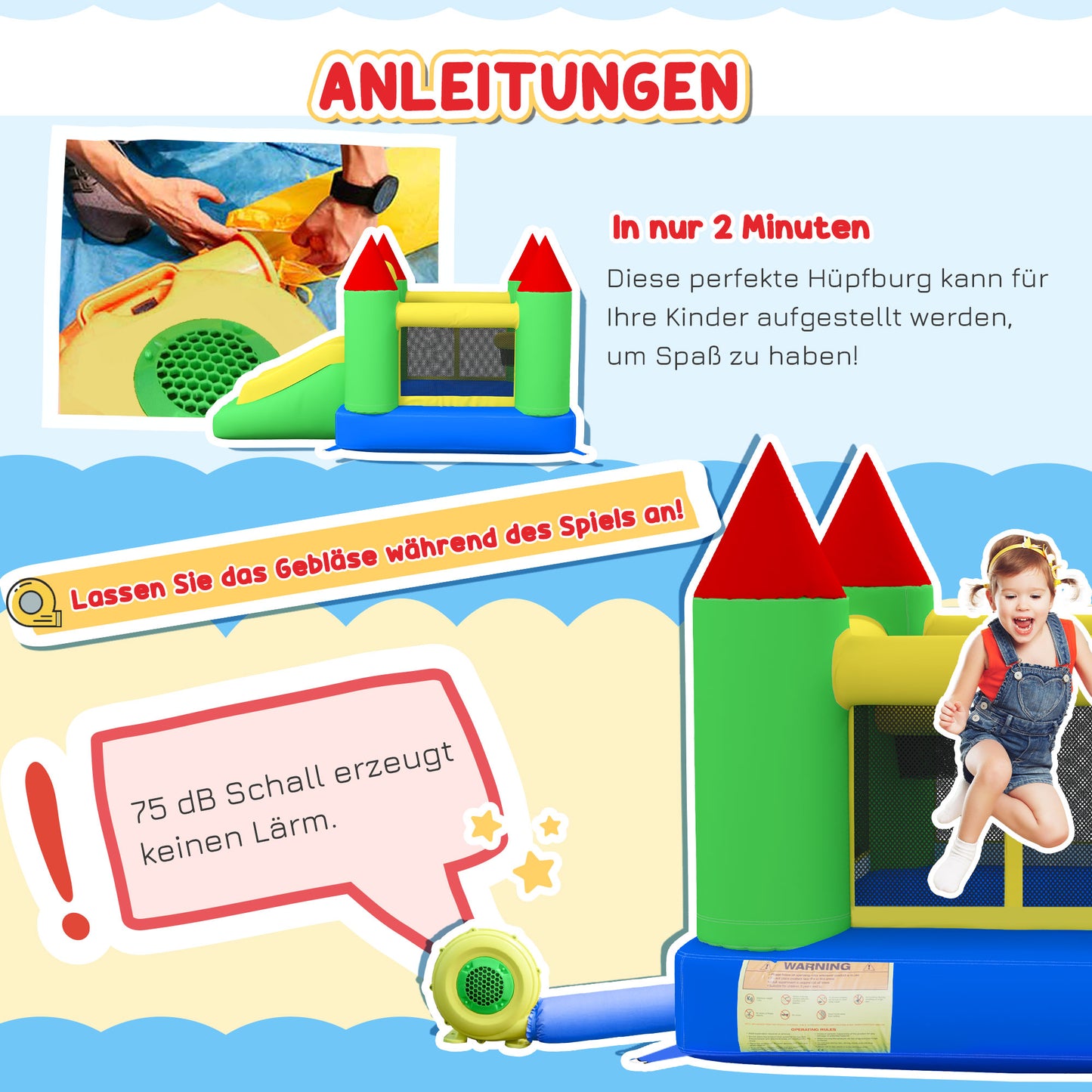 HOMCOM Hüpfburg mit Rutsche und Sicherheitsnetz, bis 100 kg, 3-10 Jahre, 300x180x160cm