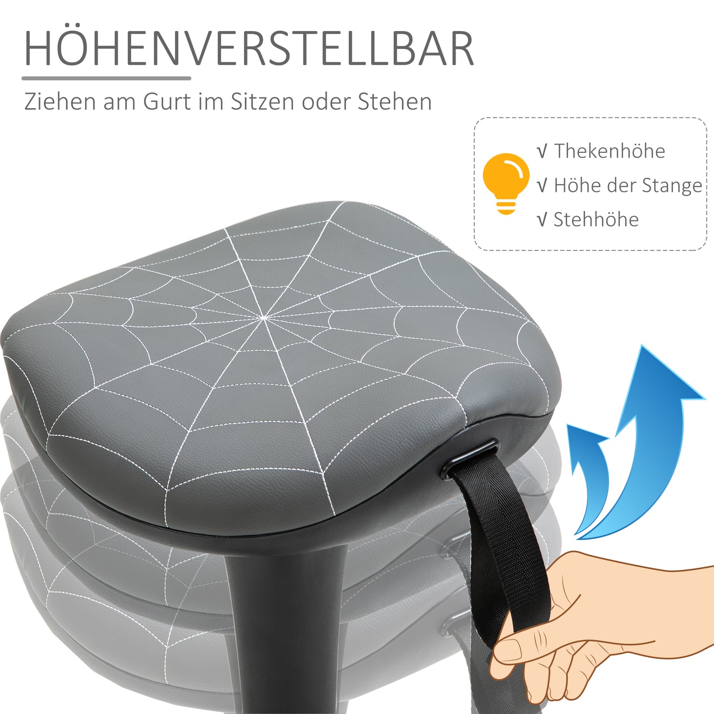 Vinsetto Bürohocker mit Schwenkfunktion, ergonomischer Hocker, höhenverstellbar 65,5-83,5 cm 120° neigbar Grau