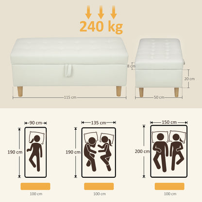 HOMCOM Polsterhocker mit Stauraum, Holzbeine, weicher Stoffbezug, Cremeweiß