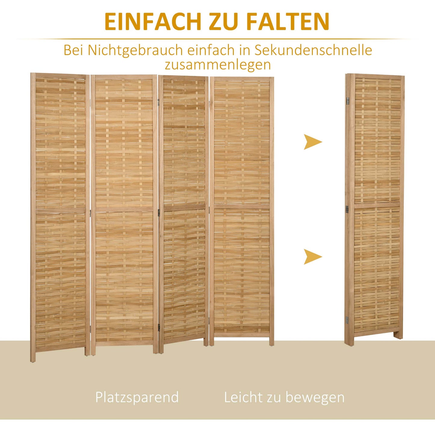 HOMCOM 4-teiliger Raumteiler, 160 x 170 cm Faltbarer Sichtschutz aus Bambus für Wohnzimmer, Schlafzimmer, Natur