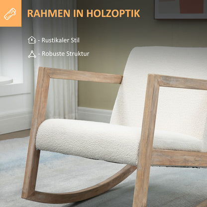 HOMCOM Schaukelstuhl mit Holzrahmen gepolstert Relax Stuhl Sessel Stuhl Wohnzimmersessel Lounge mit gepolsterter Sitzfläche Kautschukholz Cremeweiß 60 x 81 x 71 cm