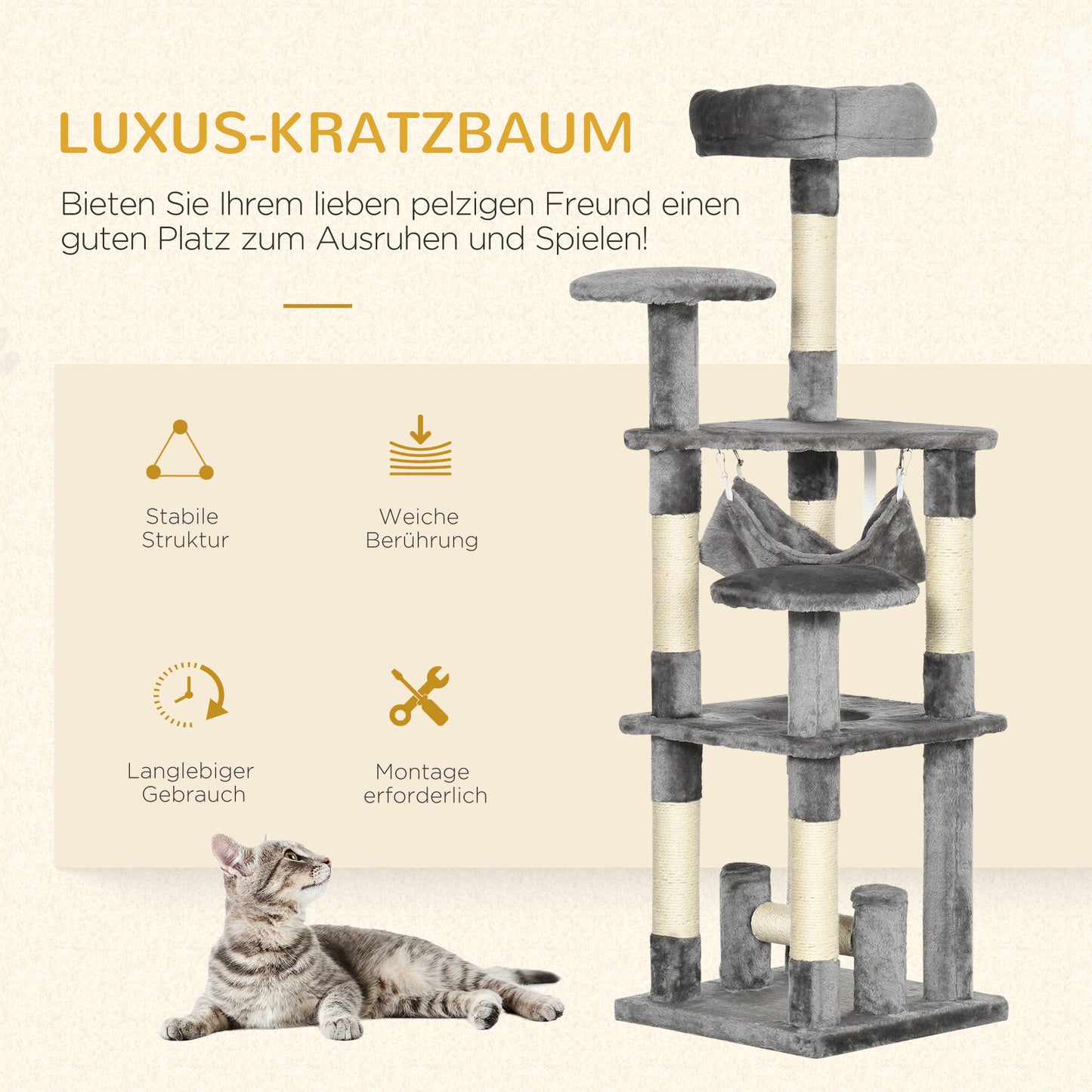 PawHut Katzenbaum Katzenkratzbaum Katzenspielturm Katzen Kletterbaum Kratzbaum Hängematte Grau L40 x B40 x H132 cm