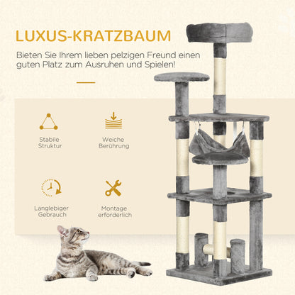 PawHut Katzenbaum Katzenkratzbaum Katzenspielturm Katzen Kletterbaum Kratzbaum Hängematte Grau L40 x B40 x H132 cm