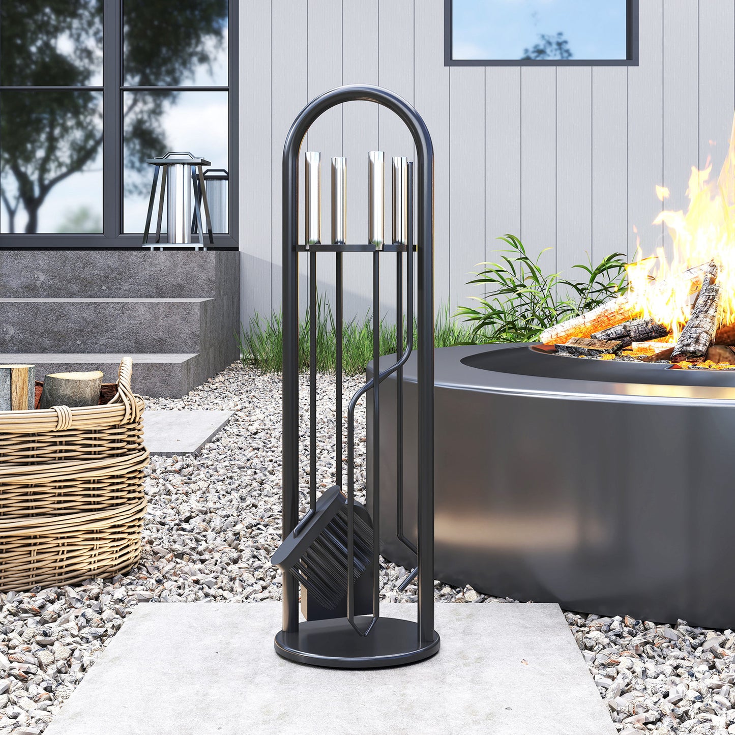 Outsunny Kaminbesteck Set 5 teilig Kaminzubehör mit Besen, Schaufel, Schürhaken Zange Ständer