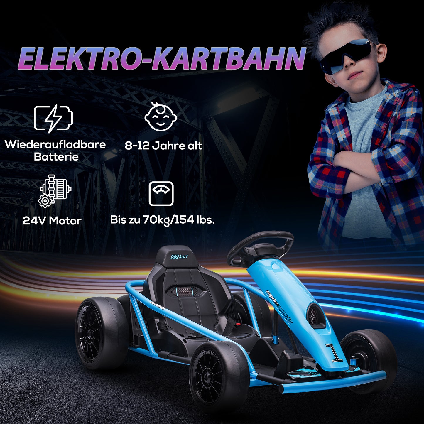 HOMCOM Elektro-Gokart für Kinder, Drift-Funktion, Hupe, Musik, Sicherheitsgurt, Soft-Start, Blau/Schwarz