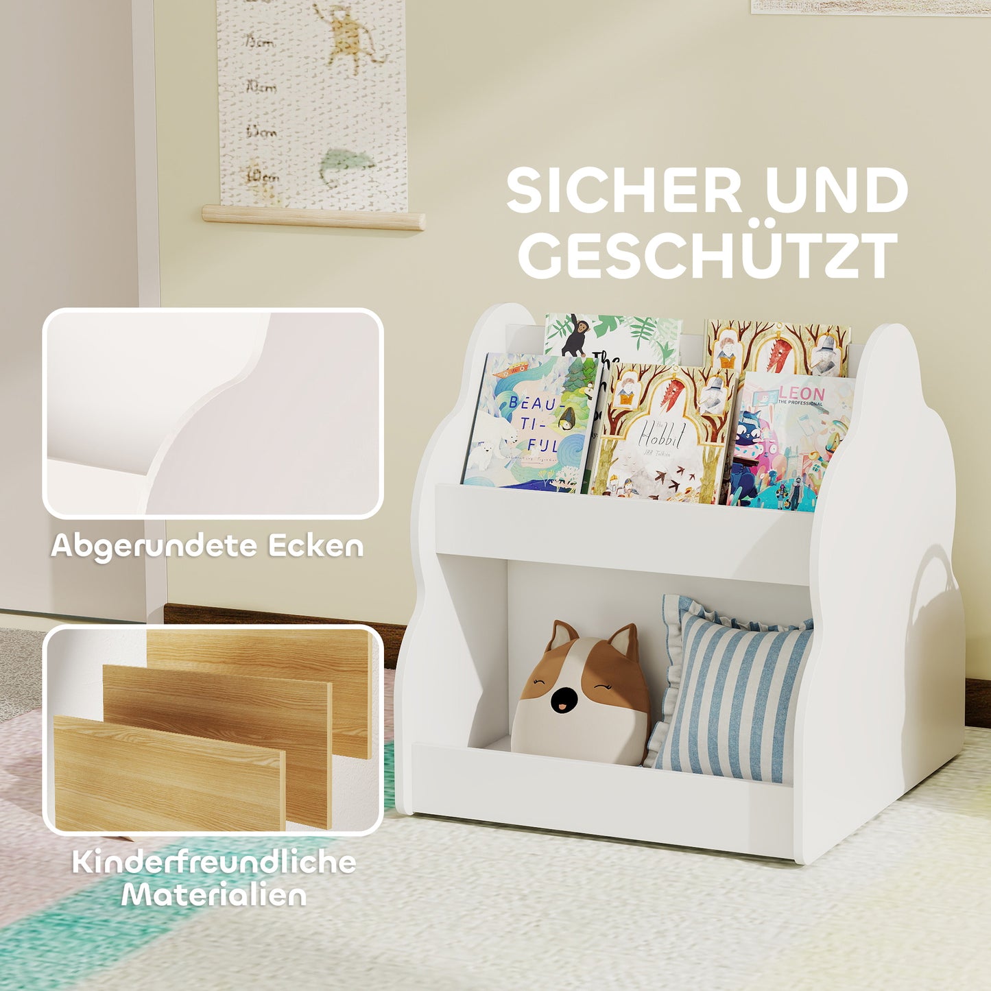 AIYAPLAY Kinderregal, 2-stöckiges Kinder-Bücherregal mit Rädern, 4 Regalen, für Kinderzimmer, Spielzimmer, 54x50x56 cm, Weiß