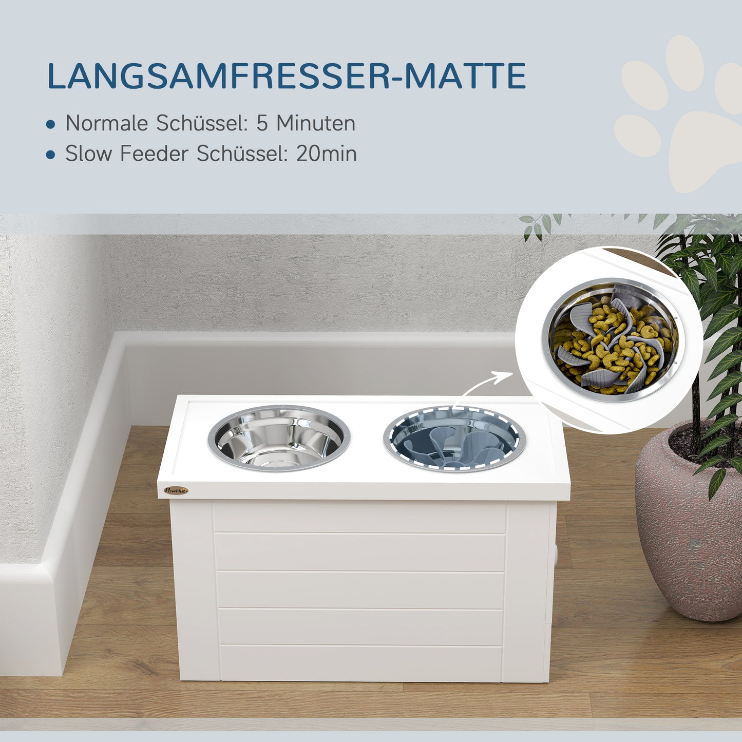 PawHut 2-in-1 Erhöhter Hundenapf Höhenverstellbar Futternapf mit Ständer 2 x 2L Edelstahlnäpfen Weiß