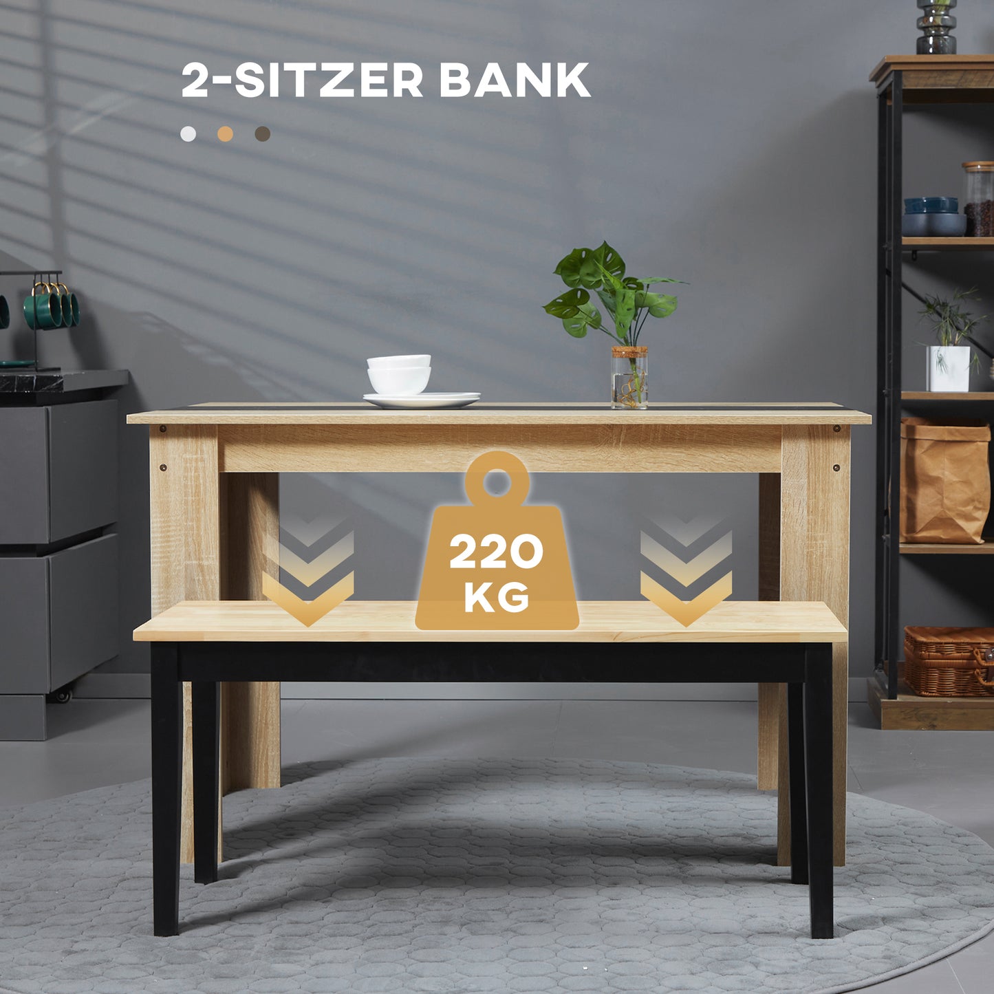 HOMCOM Moderne Sitzbank für 2 Personen, Holzbank, Massivholz, lackiert, Natur+ Schwarz