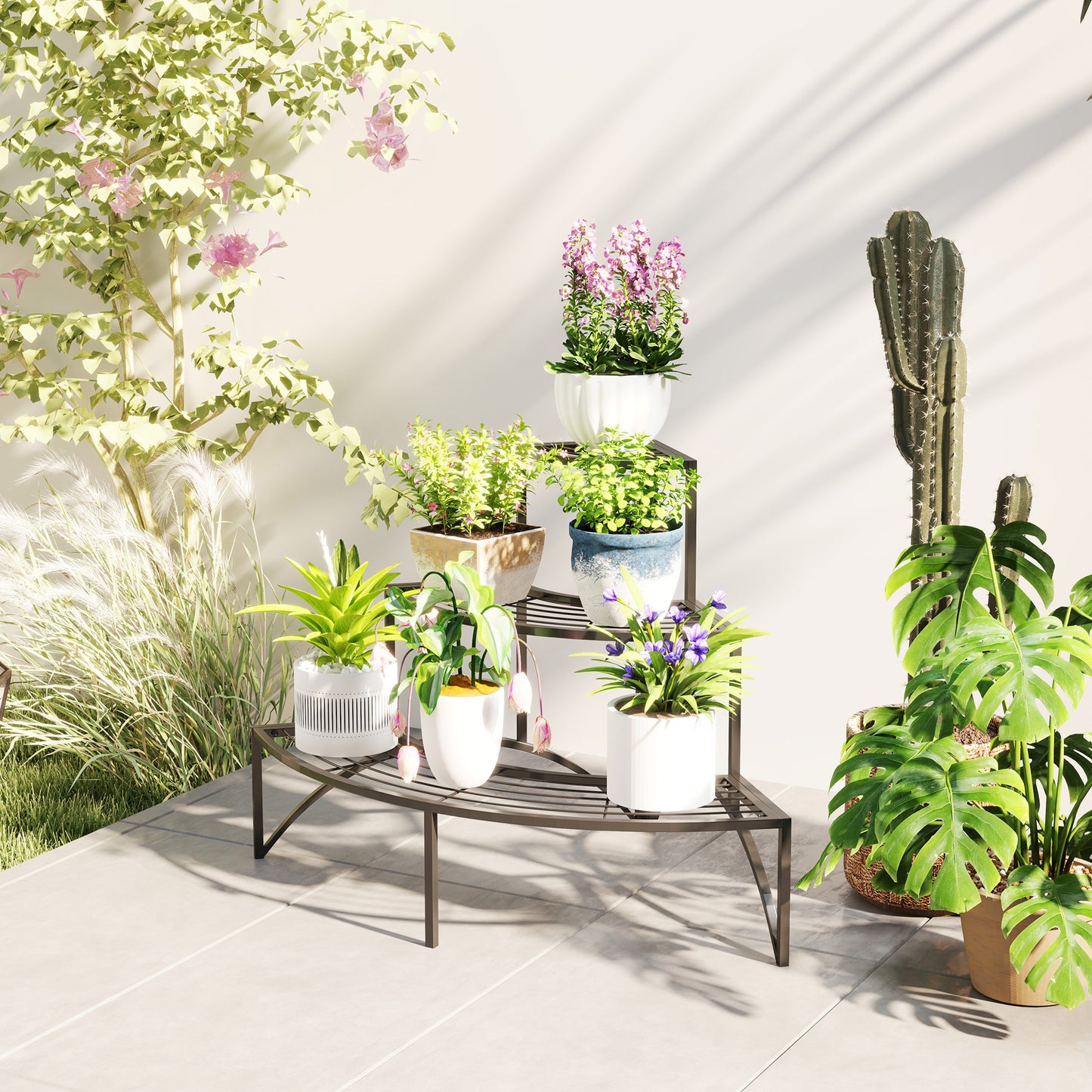 Outsunny Eckpflanzenständer, Blumenständer mit 3 Ebenen, Metall, für drinnen und draußen, Blumentopfständer, Schwarz