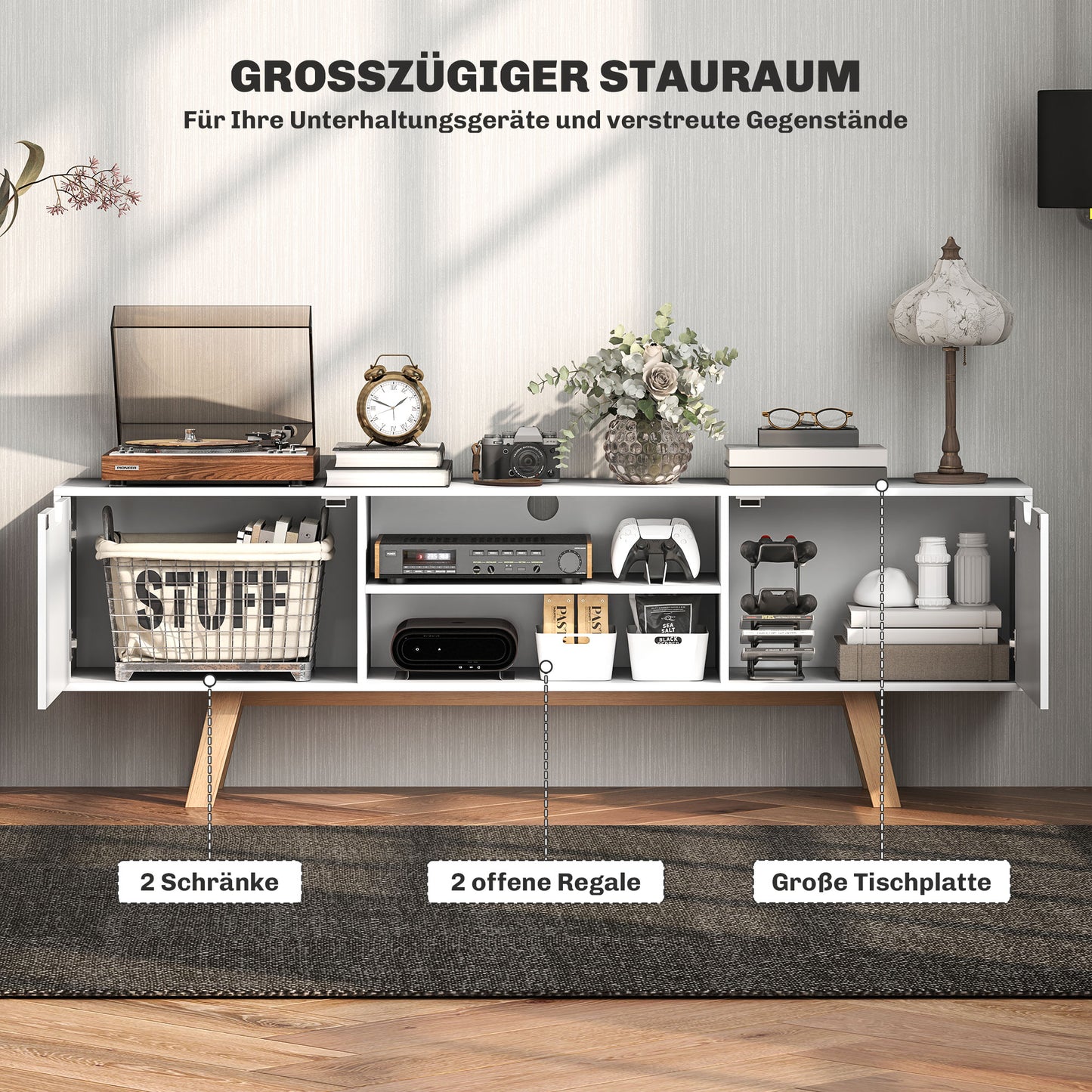 HOMCOM TV-Kommode mit Schubladen und offenen Regalen, MDF, 150 x 39 x 50 cm, Weiß