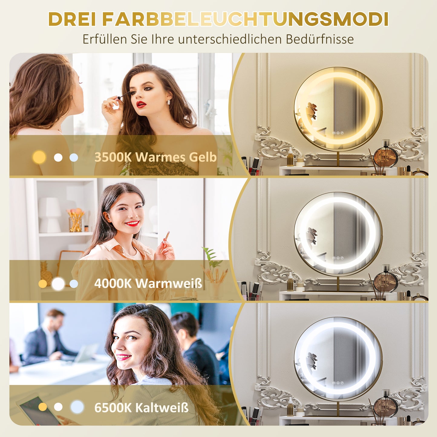 HOMCOM Kosmetiktisch mit 360° Spiegel, LED-Beleuchtung, 2 Schubladen, Weiß/Gold