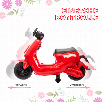 AIYAPLAY 6V Elektro-Motorrad für Kinder, mit Scheinwerfer und Musik, Vor- und Rückwärtsgang, Trainingsräder, 18-36 Monate, Rot