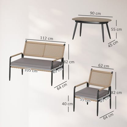 Outsunny Gartenmöbel Set från Polyrattan Lounge-Set mit 2er Sofa Sessel Glastisch Kissen für 4 Personen Dunkelgrau+Gelb