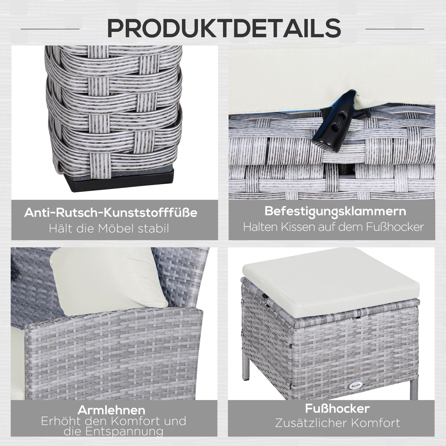Outsunny 5-tlg. Gartenmöbel Set, Rattan Sitzgruppe mit Fußhocker, Metall, Grau, 142 x 60 x 75 cm