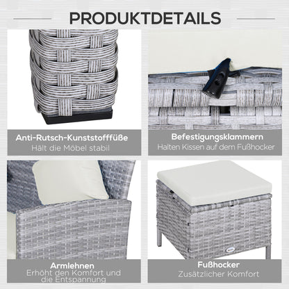 Outsunny 5-tlg. Gartenmöbel Set, Rattan Sitzgruppe mit Fußhocker, Metall, Grau, 142 x 60 x 75 cm