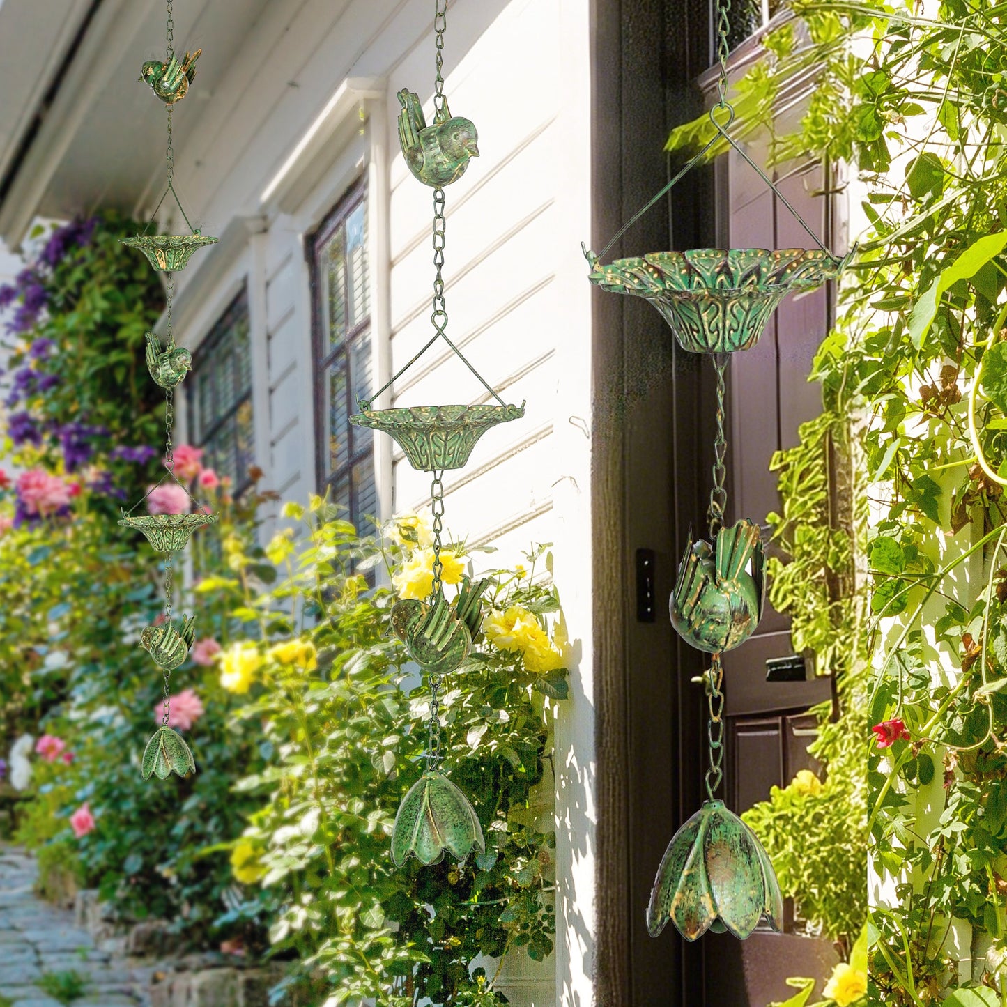 Outsunny 3er Set Regenkette 123cm Regenablaufkette aus Metall Ablaufkette mit befestigtem Aufhänger Vögeln Bell Grün