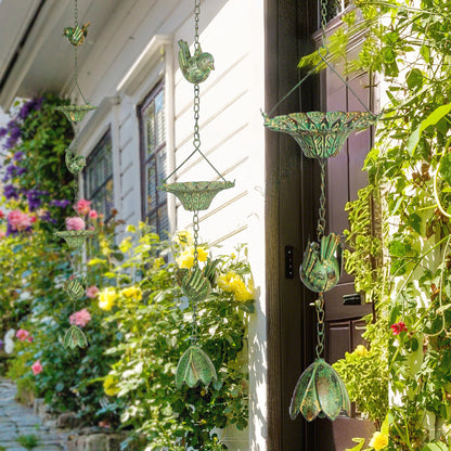 Outsunny 3er Set Regenkette 123cm Regenablaufkette aus Metall Ablaufkette mit befestigtem Aufhänger Vögeln Bell Grün