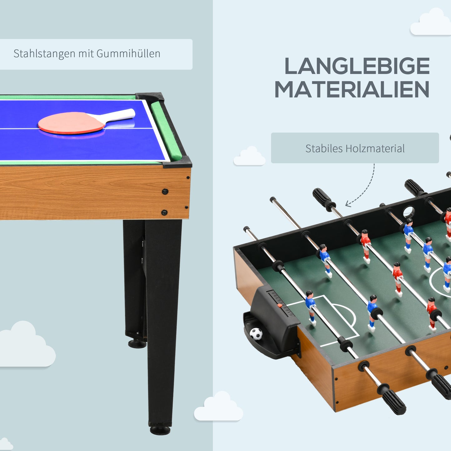 HOMCOM 4-in-1 Partyspieltisch inkl. Tischtennis, Kicker, Billard, Tischhockey, Metall, Holz, Natur+Schwarz