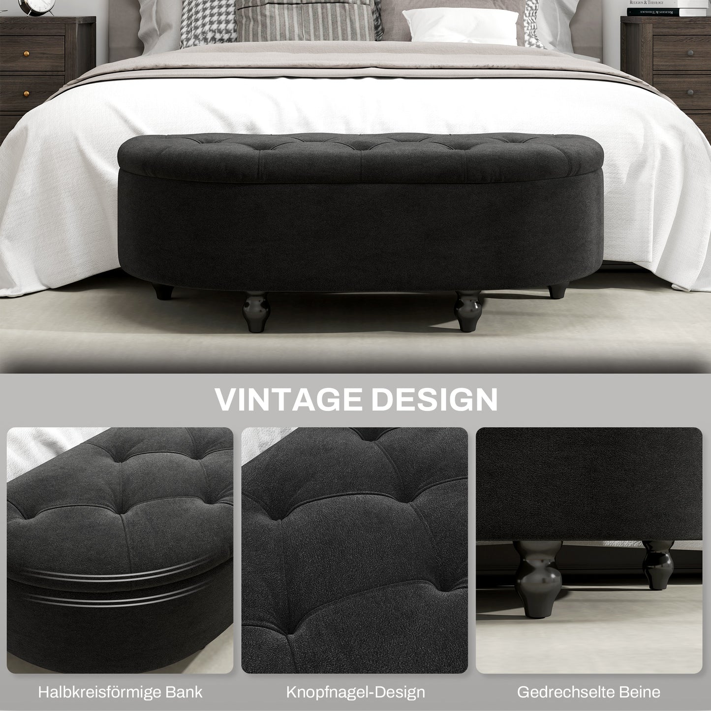 HOMCOM Hocker mit Stauraum, Sitztruhe, gepolstert, soft-close Deckel, Samtoptik, 120 x 46 x 42 cm, Dunkelgrau