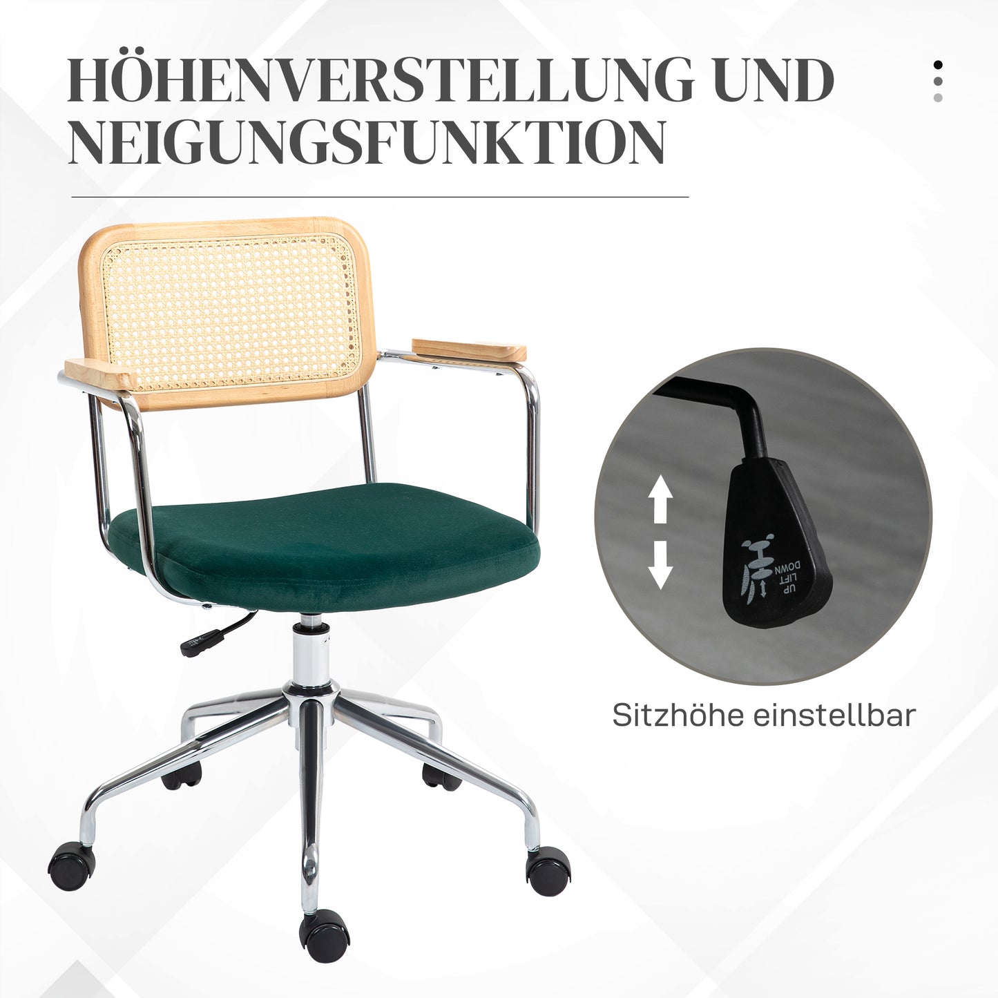 HOMCOM Bürostuhl, Boho-Design, Holzarmlehnen, drehbar, verstellbar, bis 120 kg, Stahl, Grün