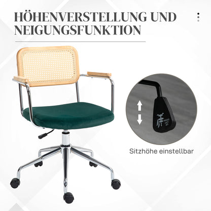 HOMCOM Bürostuhl, Boho-Design, Holzarmlehnen, drehbar, verstellbar, bis 120 kg, Stahl, Grün