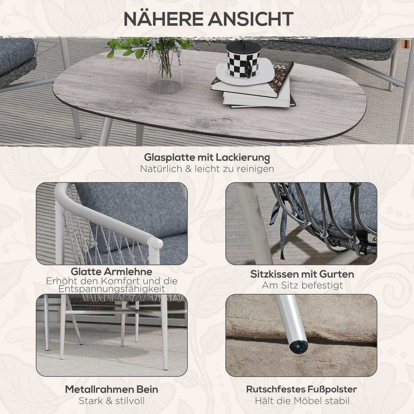 Outsunny Gartengarnitur, 4-teilig, Schaukelfunktion, Sitzauflagen, Polyrattan, Metallgestell, Grau