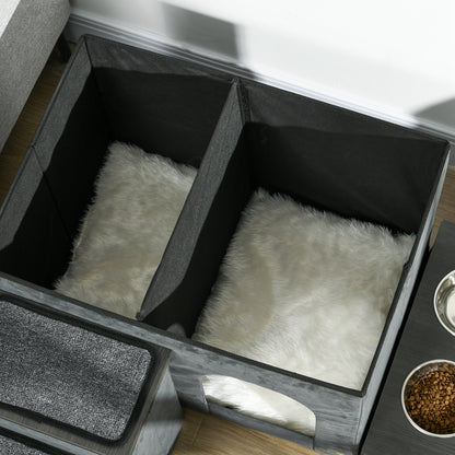 PawHut Katzenhaus Katzenhütte Katzenhöhle, 3 Haustiertreppen, 2 Fressnäpfe, 70 x 50 x 51, cm, Grau