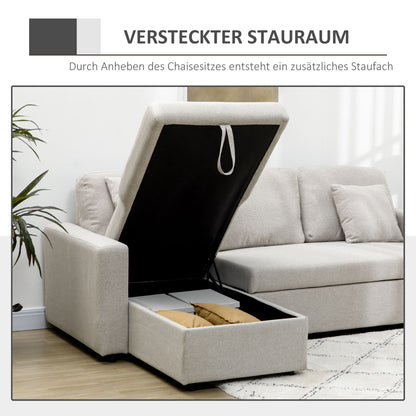 HOMCOM Ecksofa mit Bettfunktion, Eckcouch inklusive 2er-Sitz Sofa, Einzelbett, L-Form mit Stauraum, 2 Kissen Cremeweiß