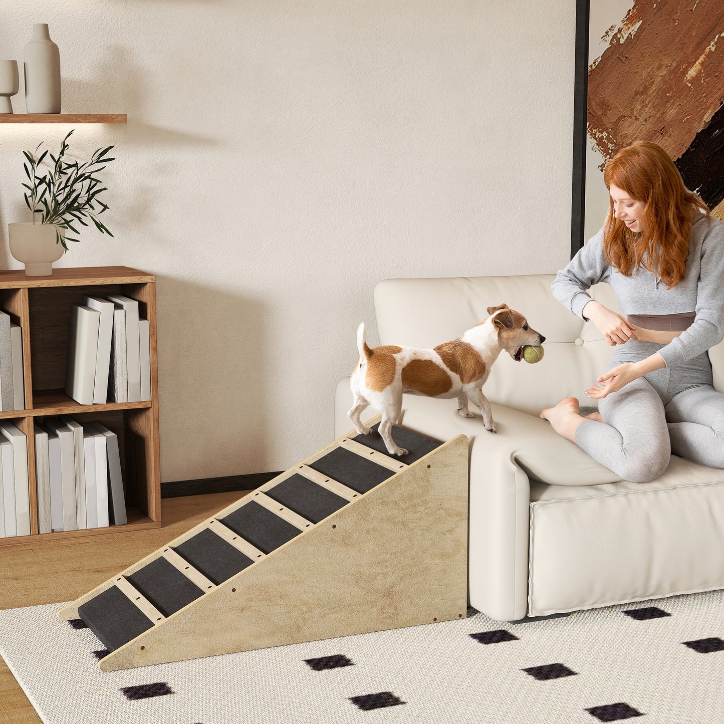 PawHut Haustiertreppe, Hundetreppe, Kiefernholz, Anti-Rutsch-Beschichtung, 90 cm x 40 cm x 45 cm, Natur + Grau