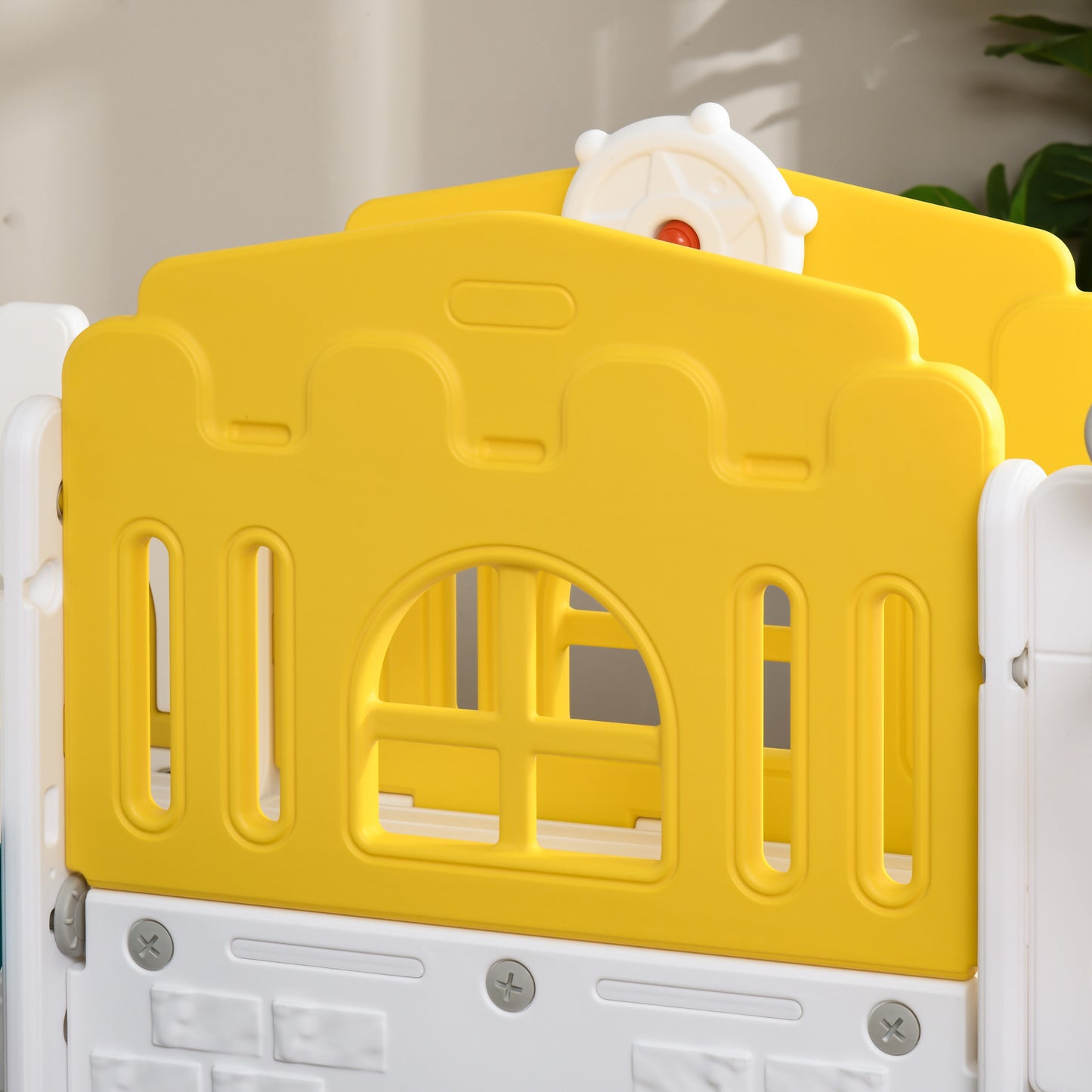 AIYAPLAY Kinderrutsche, 7-in-1 Spielgerüst, mit Basketball & Lenkrad, für 1-3 Jahre, 178x177x99cm, Gelb/Weiß/Grün