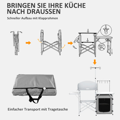 Outsunny Campingküche, faltbar, 3 Arbeitsplatten, Windschutz, Stoffschrank, 144x48x119cm, Silber