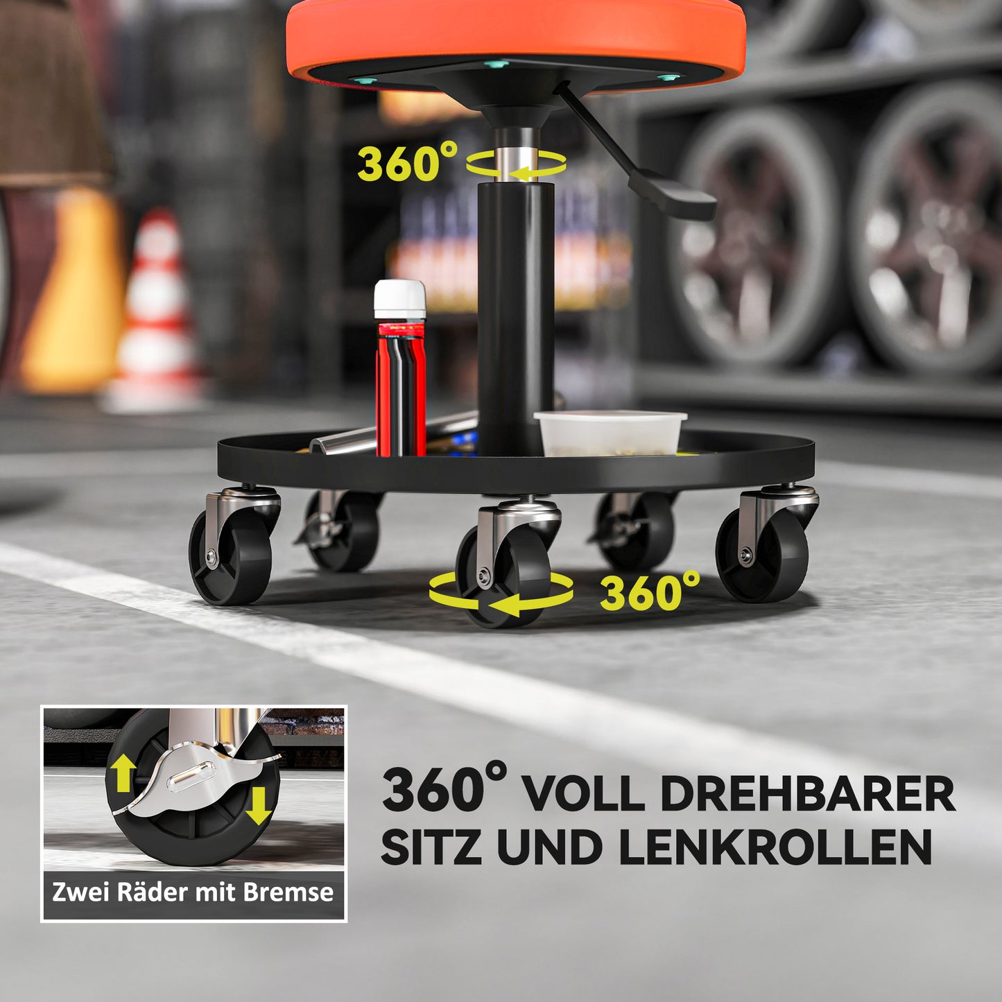 HOMCOM Werkstatthocker mit Rollen Ablagefläche höhenverstellbar 38-50cm bis 135 kg belastbar Orange