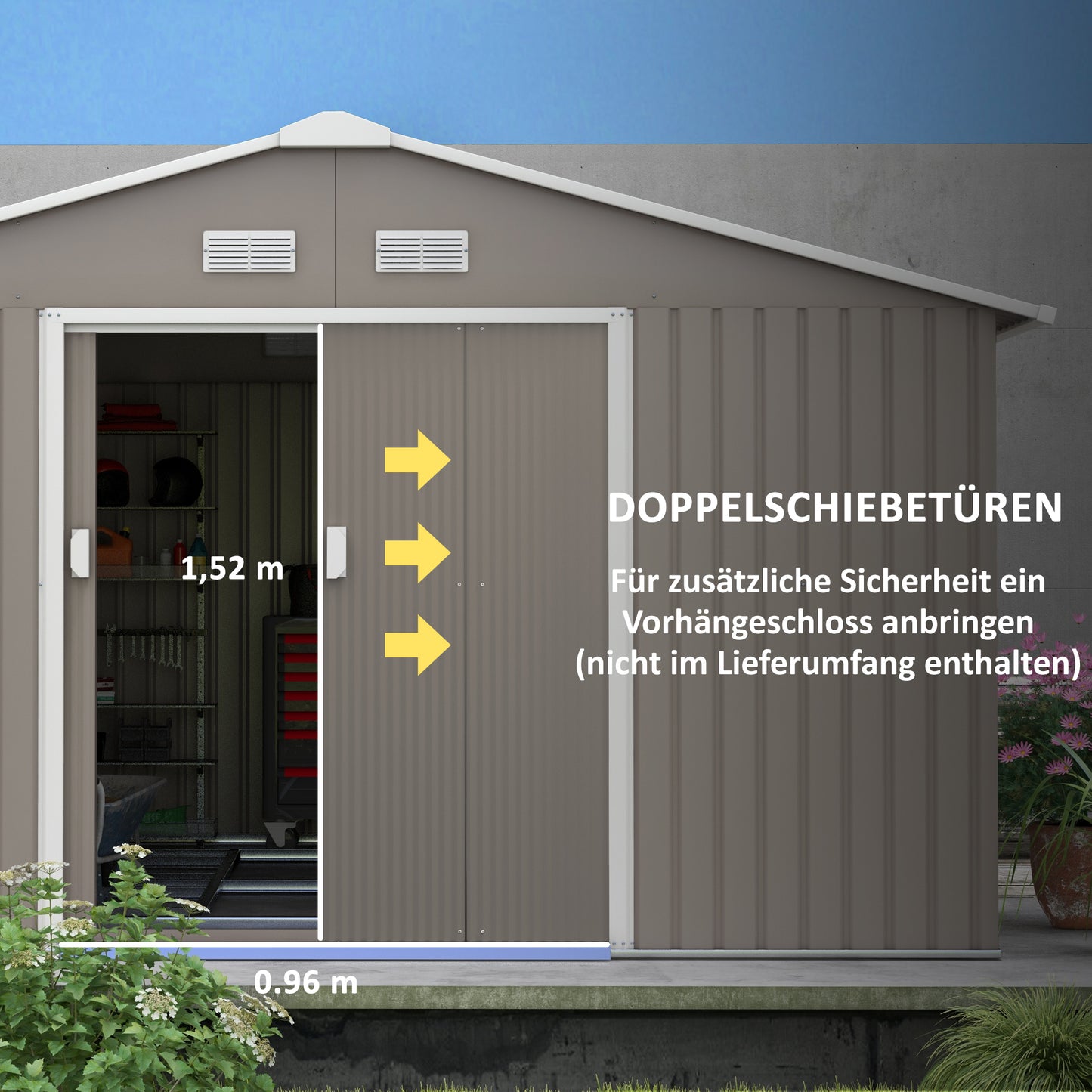 Outsunny Geräteschuppen, Wetterfestes Gartenhaus für Gartengeräte, mit Belüftungsfenstern, Schiebetüren, Stahl, Hellgrau