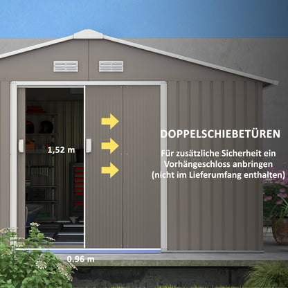 Outsunny Geräteschuppen, Wetterfestes Gartenhaus für Gartengeräte, mit Belüftungsfenstern, Schiebetüren, Stahl, Hellgrau