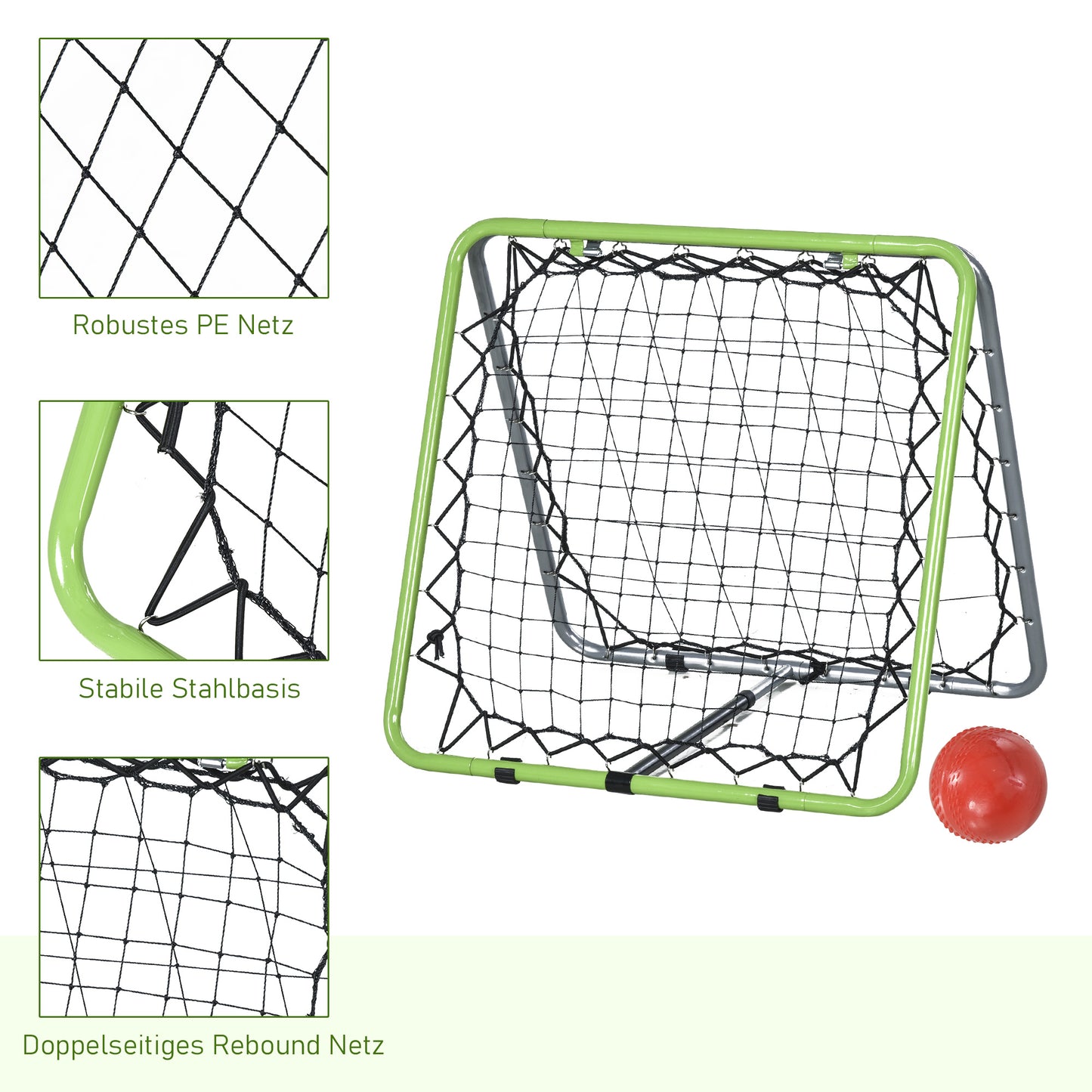 HOMCOM Fußball Rebounder Kickback Tor Rückprallwand Netz für Baseball Basketball beidseitiger Rückprall Verstellbar in 5 Stufen Metall Grün+Schwarz 75 x 75 x 64 cm