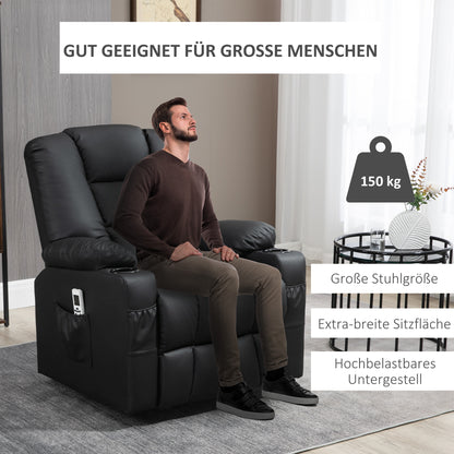 HOMCOM Relaxsessel mit Aufstehhilfe, USB, Massagefunktion, Kunstleder, bis 150 kg, 90x98x102 cm, Schwarz