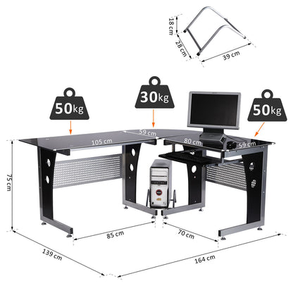 HOMCOM Computertisch Eckschreibtisch Schreibtisch Bürotisch PC Tisch mit schwarzem Sicherheitsglas L-förmig 164x139x75 cm