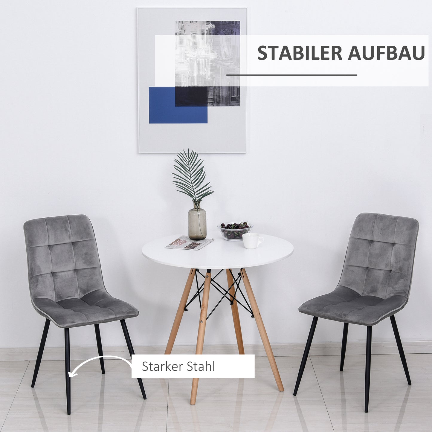 HOMCOM 2er-Set Esszimmerstuhl Polsterstuhl Küchenstuhl mit Samt-Optik Esstisch Samt Metall Grau+Schwarz 45 x 63 x 90 cm