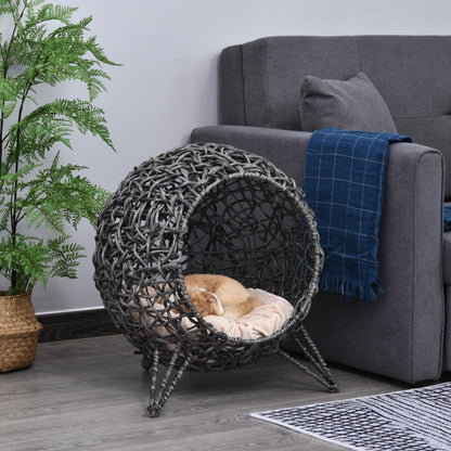 PawHut Katzenhaus från Rattan mit Kissen Katzenschlafplatz Katzenhöhle mit erhöhten Füßen Silbergrau Ø52 x 58 cm