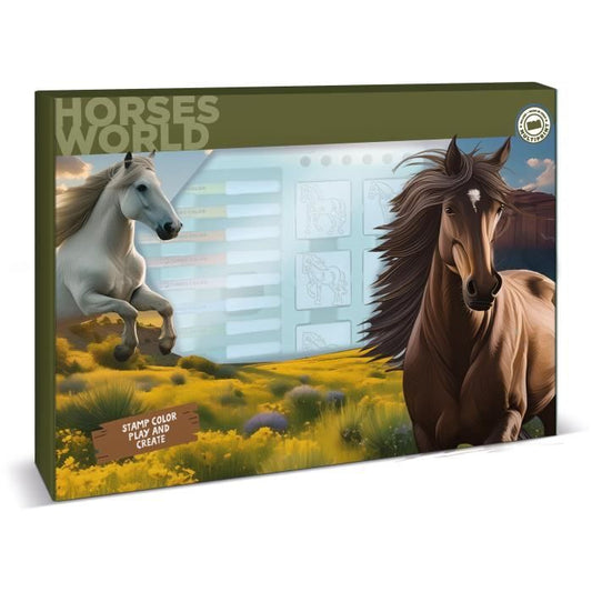 Stamp set - MULTIPRINT - 4895 - Horses - 7 wooden and latex stamps, 12 Giotto markers, ruler, coloring book