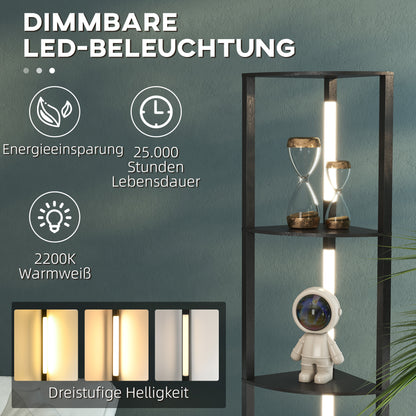 HOMCOM LED Standleuchte, Eckregal, dimmbar, 4 Ablagen, warmweißes Licht, 41x30x164cm, Schwarz