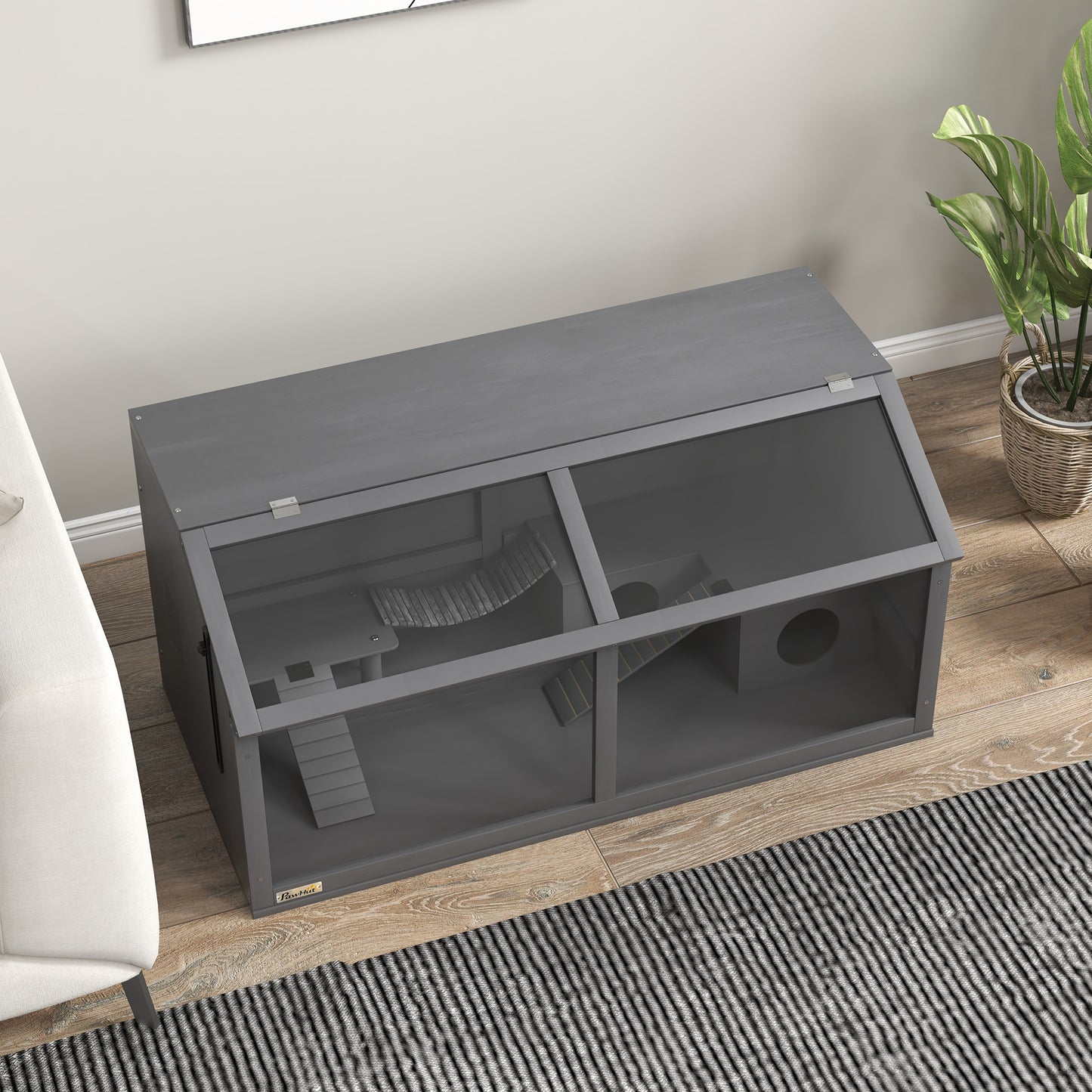 PawHut Kleintierkäfig Nagerkäfig, mit Zubehör, Tannenholz,100 cm x 52 cm x 50 cm, Grau