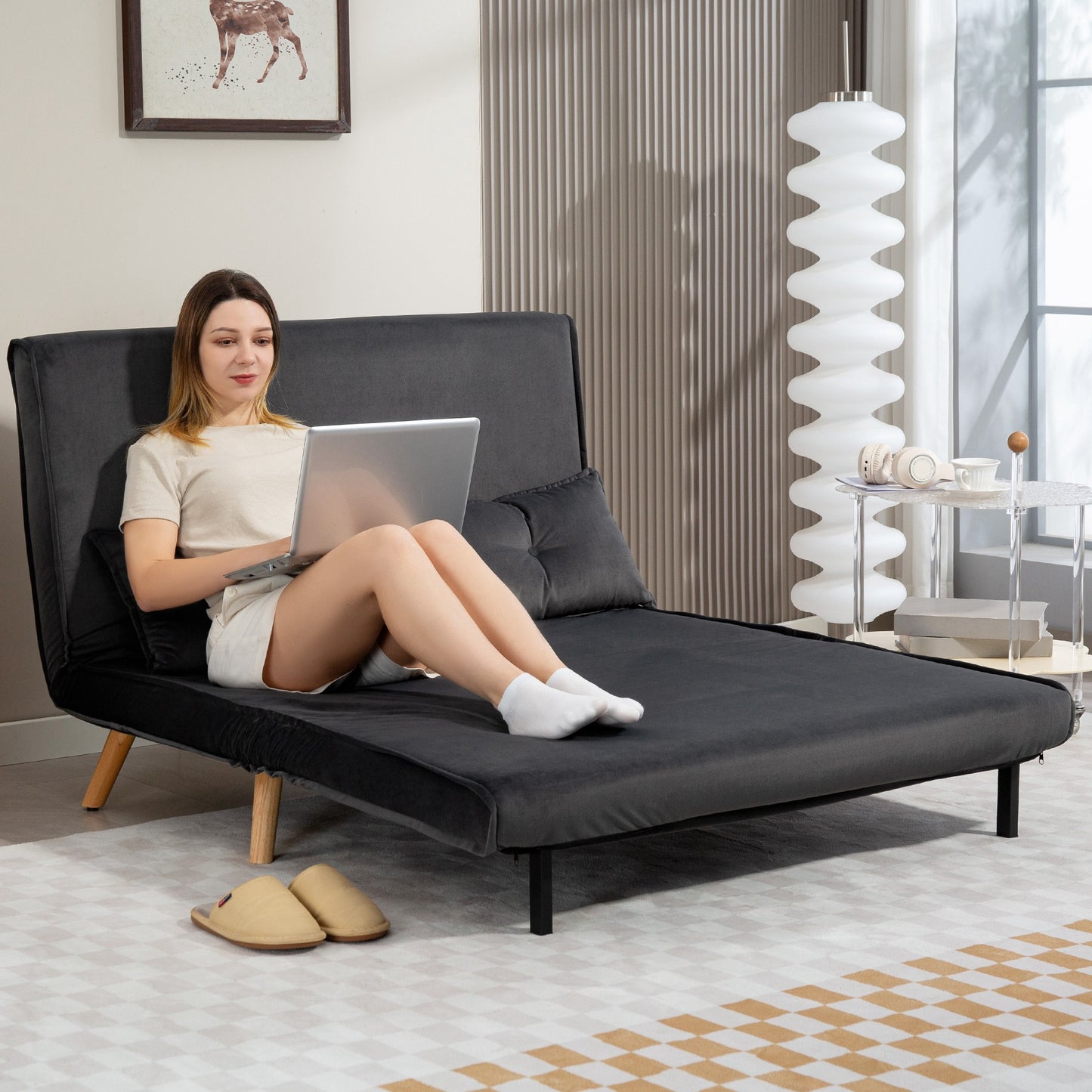 HOMCOM 2-Sitzer-Schlafsofa, Bettsofa, in Bett umwandelbare Couch, verstellbare Rückenlehne, Stoffbezug, Metallrahmen, Grau